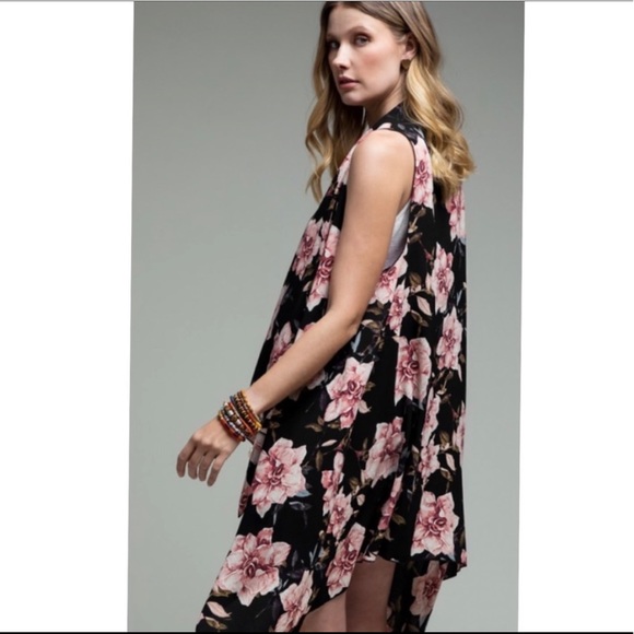 New! Clearance 🔥 Ruggine Boho Beautiful Black Floral Kimono Cover Up Vest - Picture 3 of 7